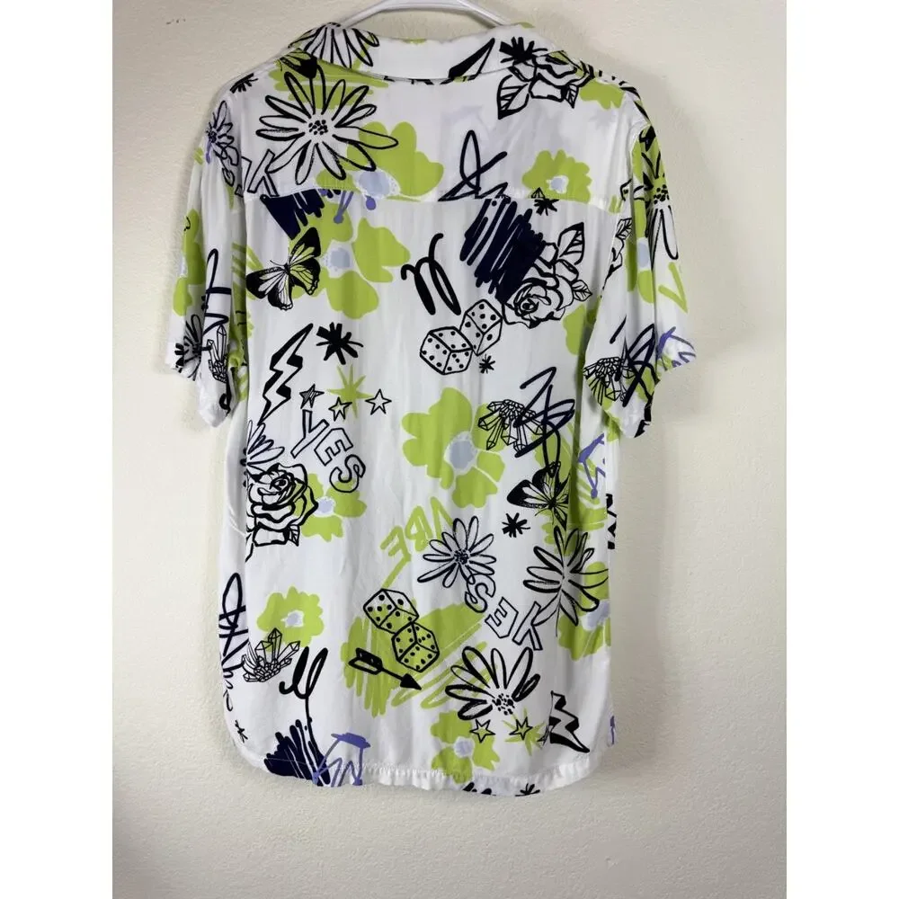 No boundaries, Men’s Hawaiian short sleeve button down shirt Whi/Grn/Blk - S